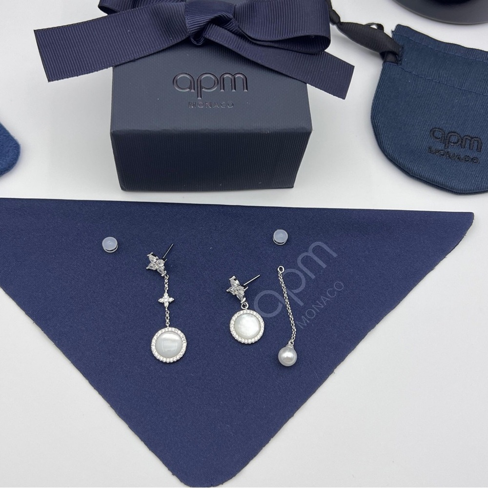APM Monaco Asymmetrical White Mother-of-Pearl Drop Earrings - Silver - Picture 4 of 7